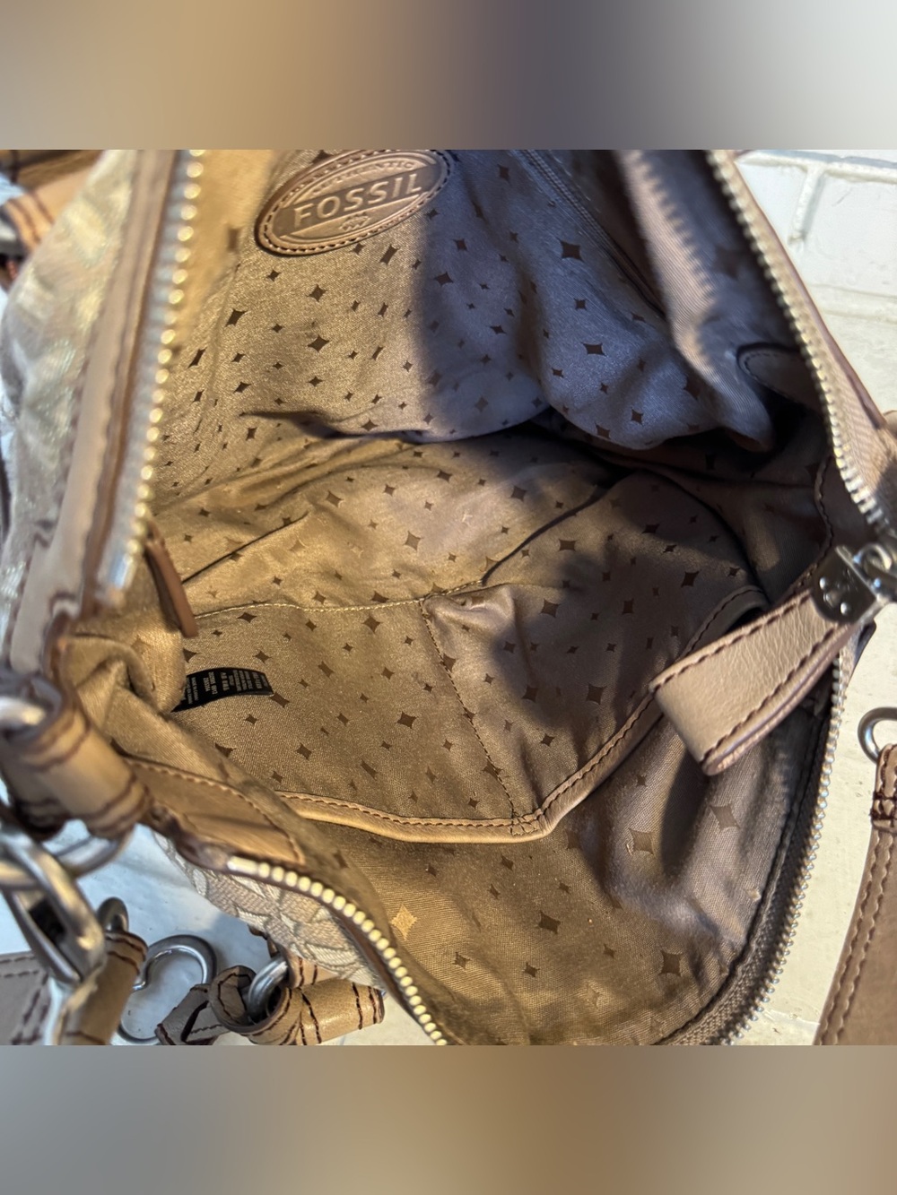 Fossil Vintage Jacquard Canvas Satchel Crossbody Bag w Leather Trim & Key Charm - Picture 9 of 14